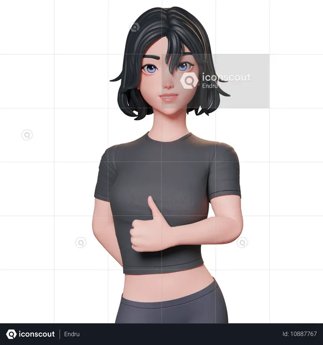 Chica deportista vestida de negro muestra el pulgar hacia arriba con su mano derecha  3D Illustration