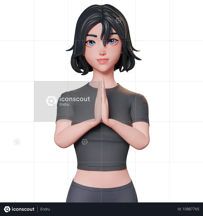 Chica deportista vestida de negro mostrando las manos juntas en gesto de Namaste  3D Illustration