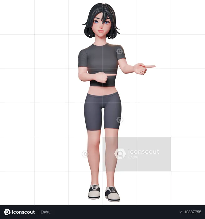 Chica deportista vestida de negro señalando el lado derecho con ambas manos  3D Illustration