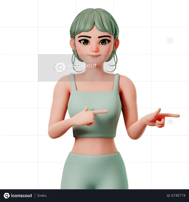 Chica deportiva apuntando hacia el lado derecho con ambas manos  3D Illustration