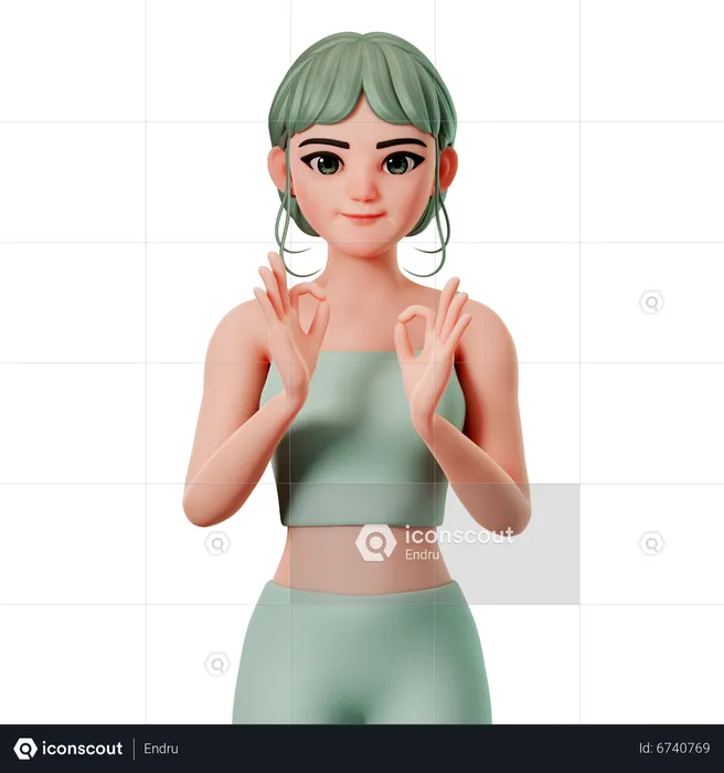 Chica deportiva mostrando gesto Ok usando ambas manos  3D Illustration