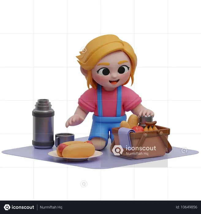 Niña disfrutando de un picnic con comida  3D Illustration