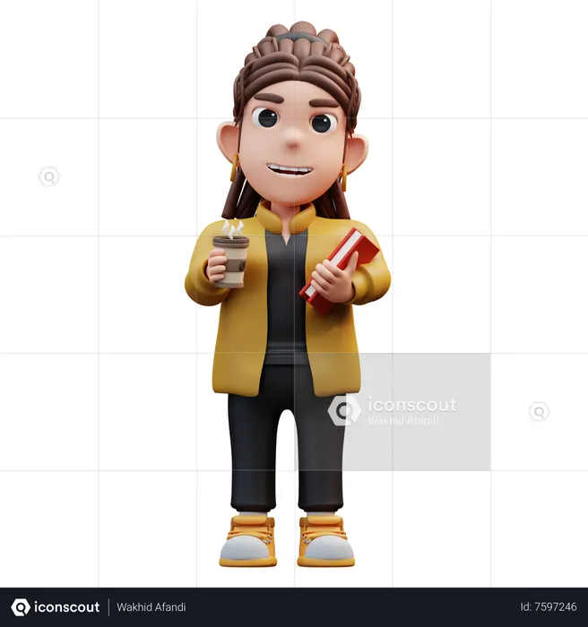 Chica estilista de pie con café y libro  3D Icon