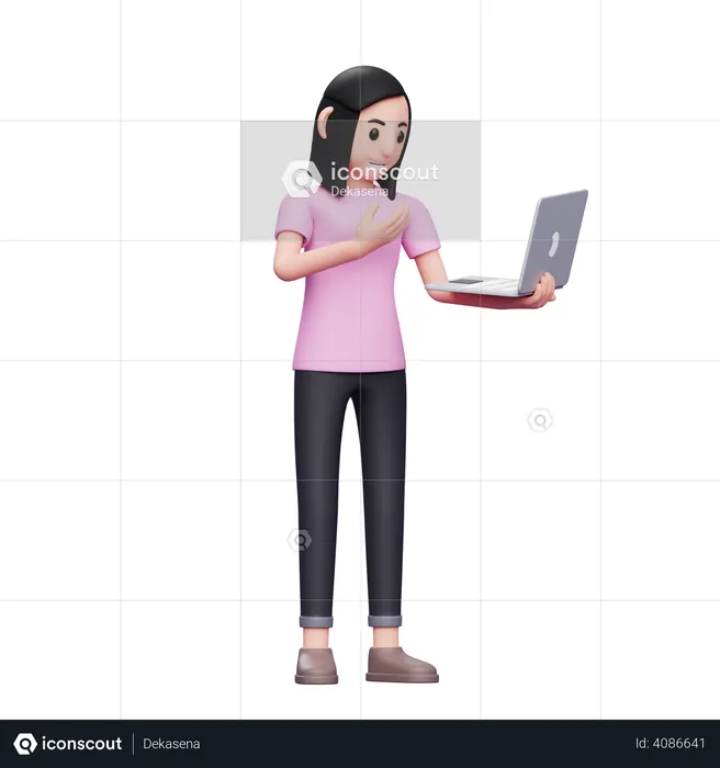 Chica haciendo videollamada con laptop  3D Icon