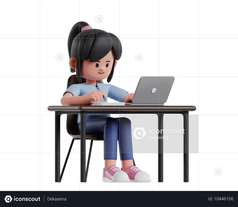 Chica joven trabajando en una computadora portátil en un escritorio mientras escribe notas  3D Illustration