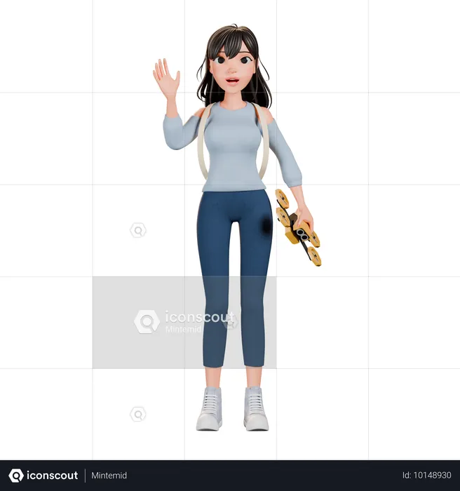 Chica operando un dron mientras agita la mano  3D Illustration