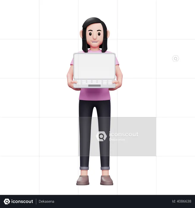 Chica sosteniendo una computadora portátil con ambas manos  3D Icon