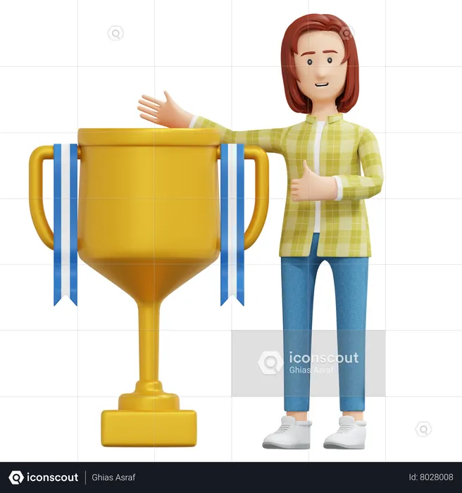 Chica universitaria de pie junto al trofeo de oro  3D Illustration