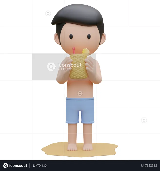 Chico lindo sosteniendo la piña en la playa en verano  3D Illustration