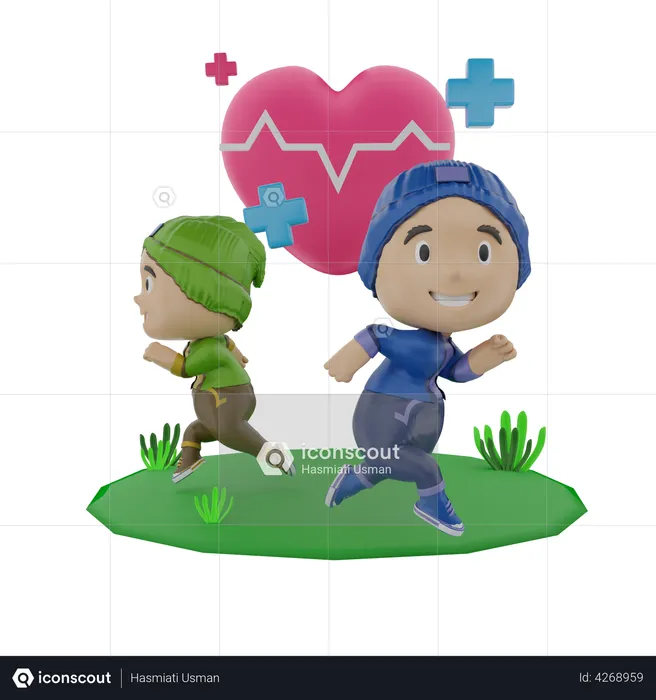 Niños corriendo en el día de la salud.  3D Illustration