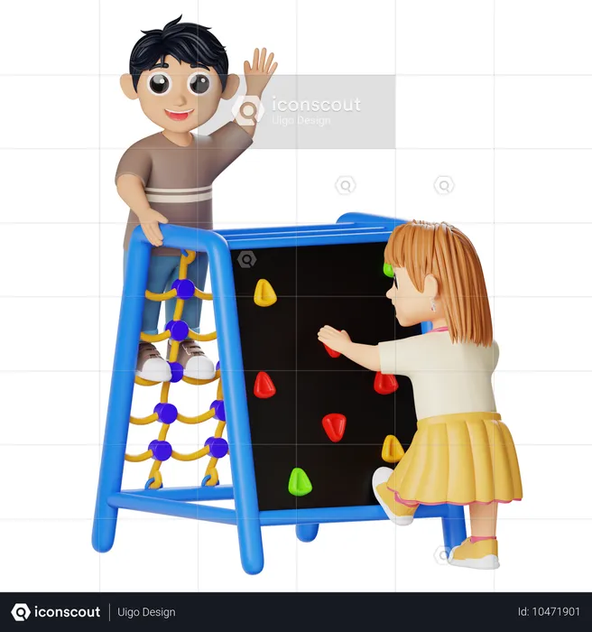 Children Playing Net Rock Climber  3D Illustration