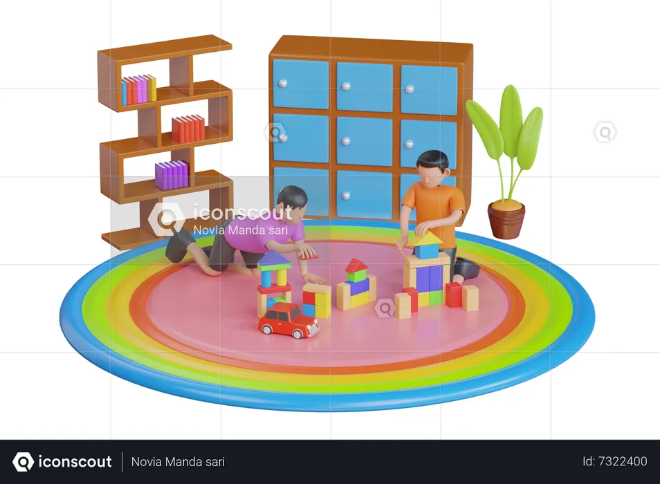 Children playing with colorful toy blocks  3D Illustration