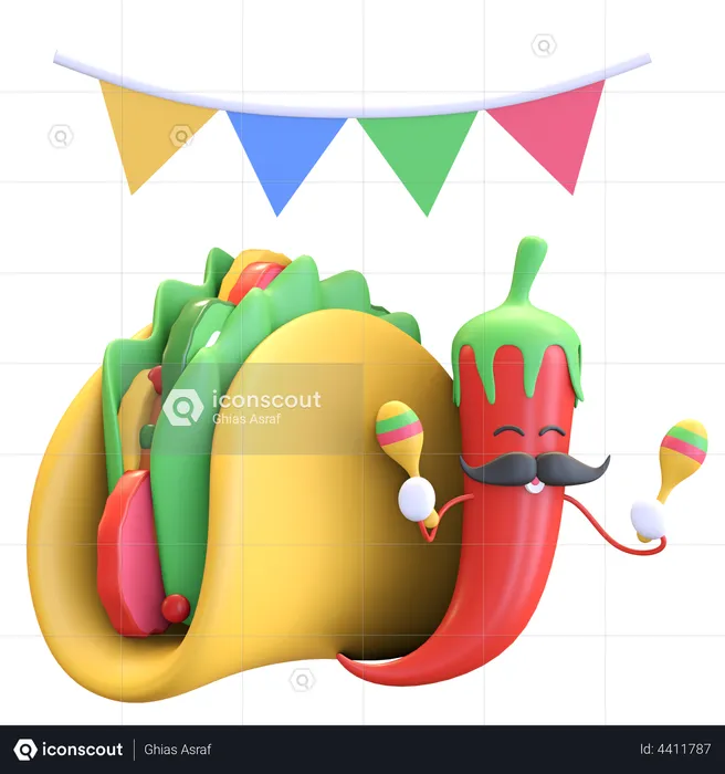 Chile rojo tocando maracas con tacos  3D Illustration