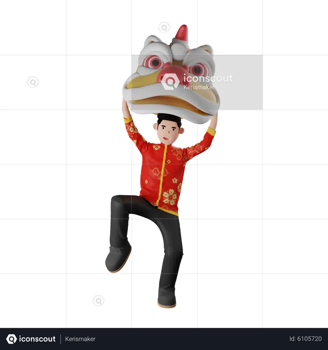 Chinese Boy Doing Lion Dance  3D Illustration