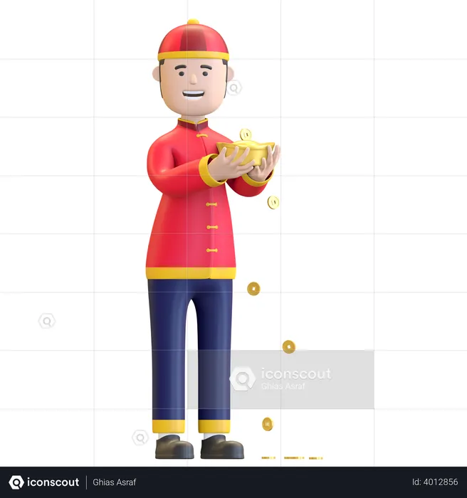 Chinese Boy holding Chinese ingot  3D Illustration