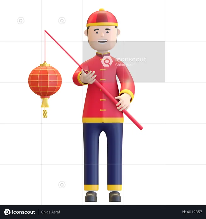 Chinese boy holding Chinese lantern  3D Illustration