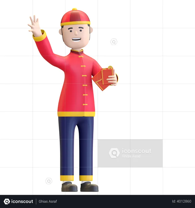 Chinese Boy holding Chinese red envelop  3D Illustration