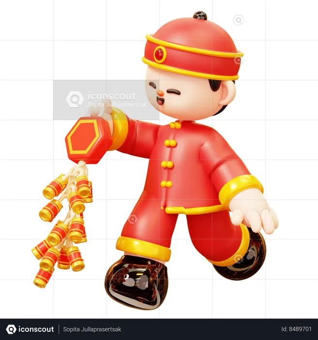 Chinese Boy Holding Firecrackers  3D Illustration