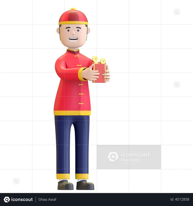 Chinese Boy holding money envelope  3D Illustration