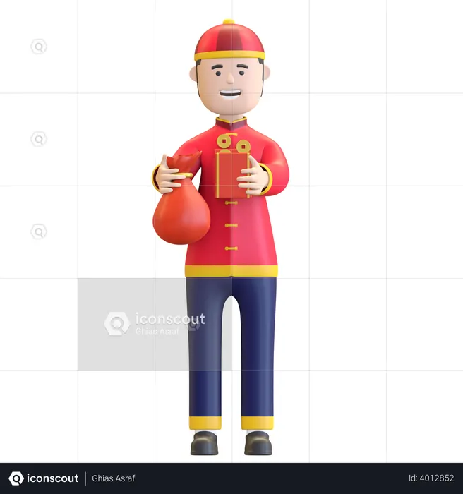 Chinese Boy holding sack of money  3D Illustration