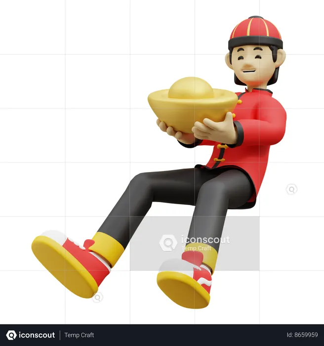 Chinese Boy Is Holding Gold Ingot  3D Illustration