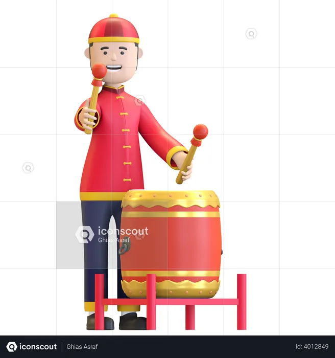 Chinese Boy playing traditional percussion drum  3D Illustration