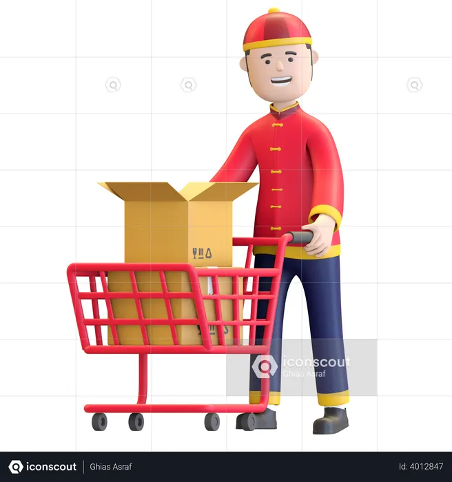 Chinese Boy pushing shopping cart  3D Illustration