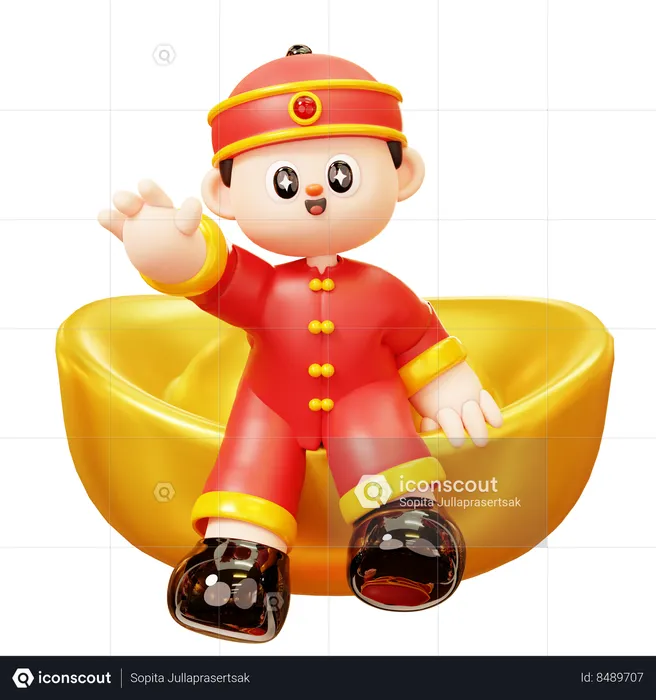 Chinese Boy Sit On Gold Ingot  3D Illustration