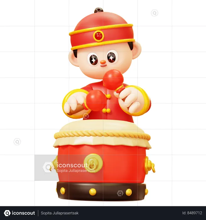 Chinese Boy With Drum  3D Illustration