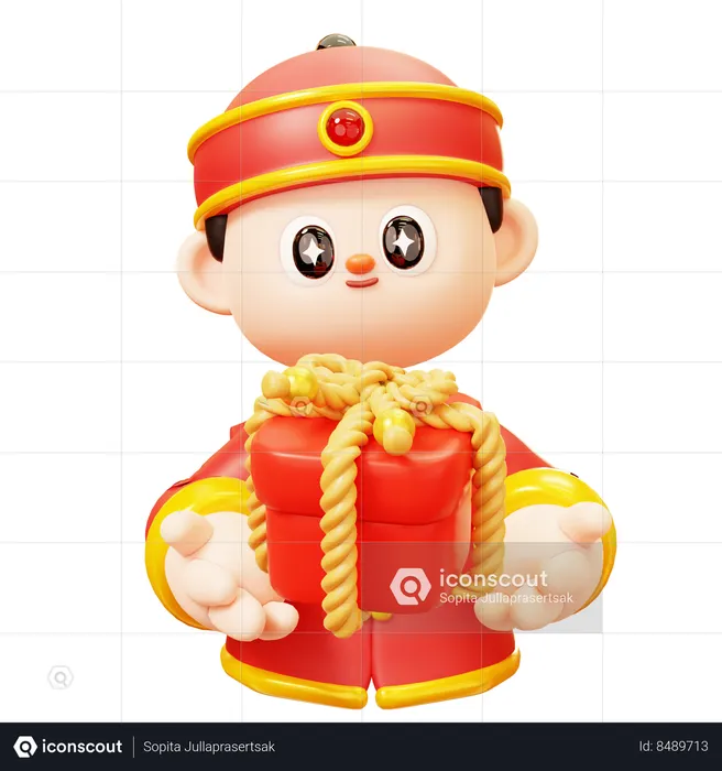 Chinese Boy With Gift Box  3D Illustration
