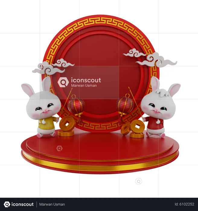 Chinese Bunnies On Chinese Podium  3D Illustration