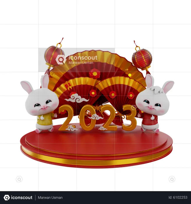 Chinese Bunnies On Chinese Podium  3D Illustration