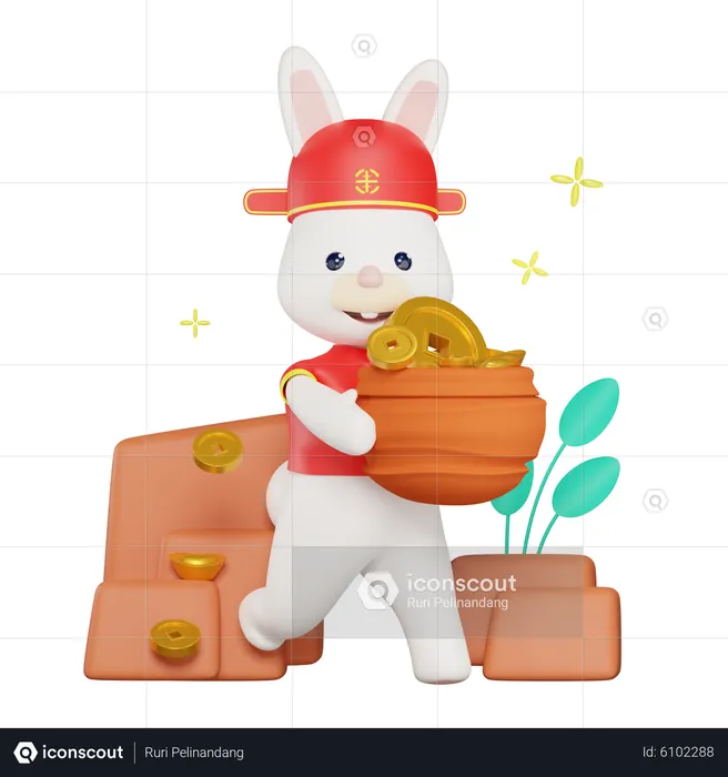 Chinese Bunny carrying a pile of coins  3D Illustration