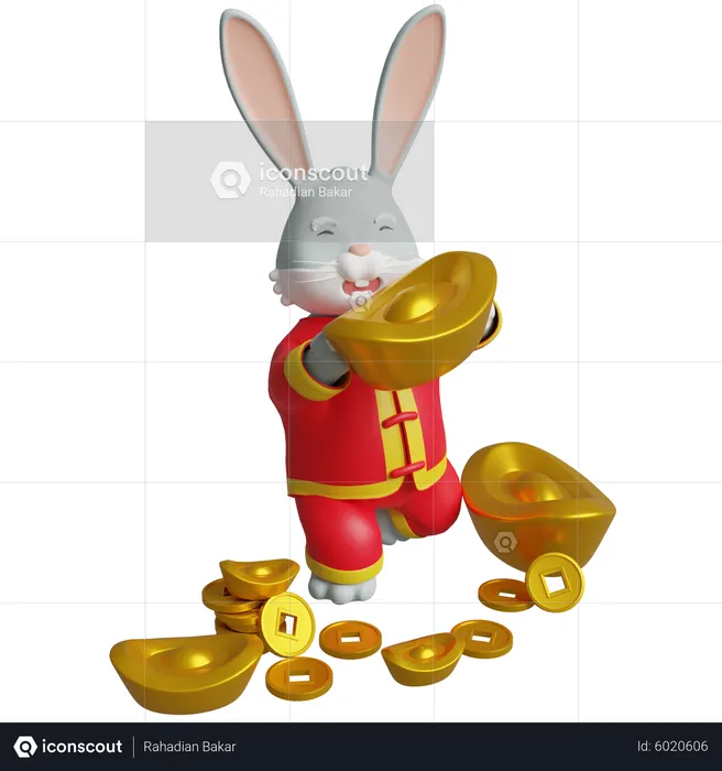 Chinese Bunny Holding Gold Ingots  3D Illustration