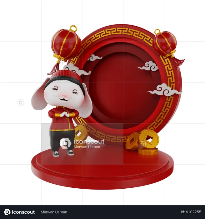 Chinese Bunny On Podium  3D Illustration