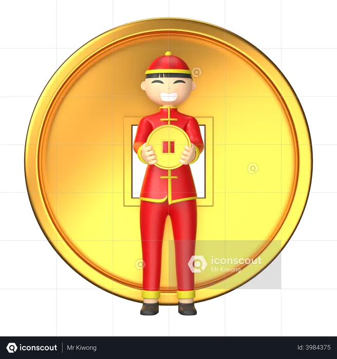 Chinese character holding chinese coin  3D Illustration