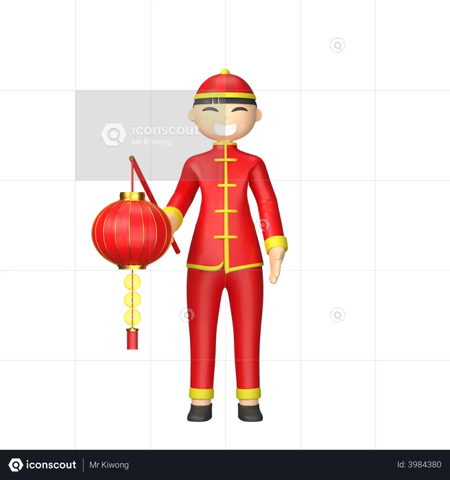Chinese character holding red lantern  3D Illustration