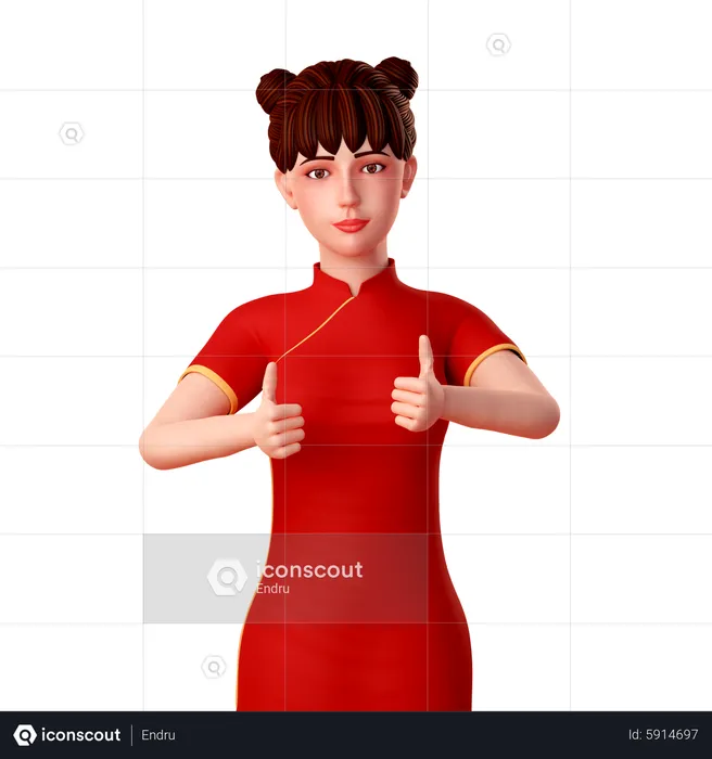 Chinese character posing with thumbs up with both hands  3D Illustration