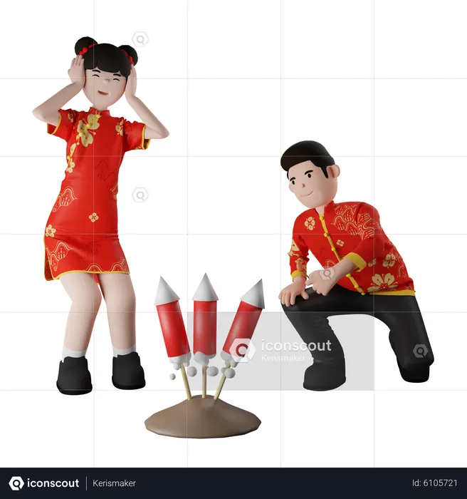 Chinese Children Firing Firecracker  3D Illustration