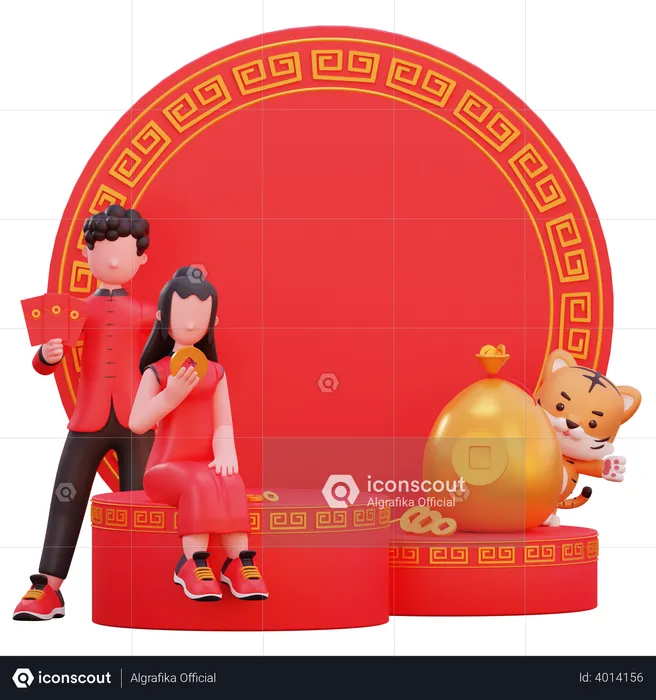 Chinese couple holding cards in hand  3D Illustration