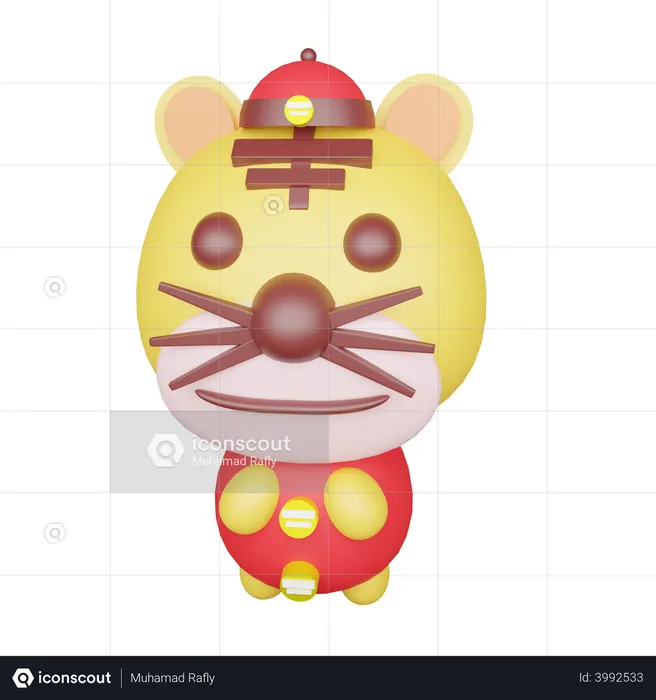 Chinese cute tiger with red dress  3D Illustration