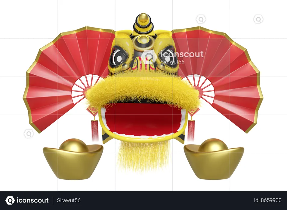 Chinese Dragon With Hand Fan And Gold Ingots  3D Illustration