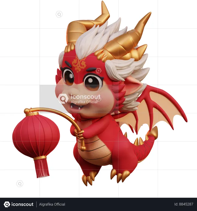 Chinese Dragon With Red Lantern  3D Illustration