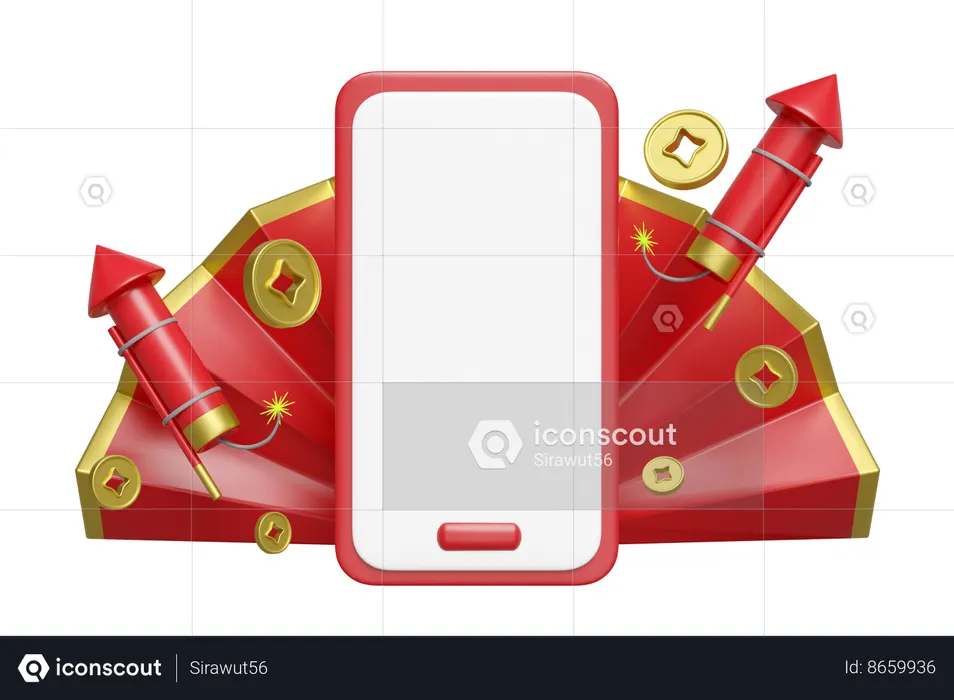 Chinese Fireworks With Gold Coins  3D Illustration