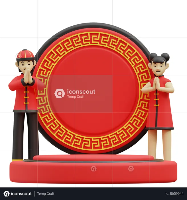 Chinese Girl And Boy Are Welcoming On Red Podium  3D Icon