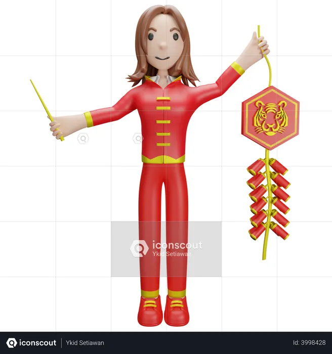 Chinese Girl bursting Chinese firecracker  3D Illustration