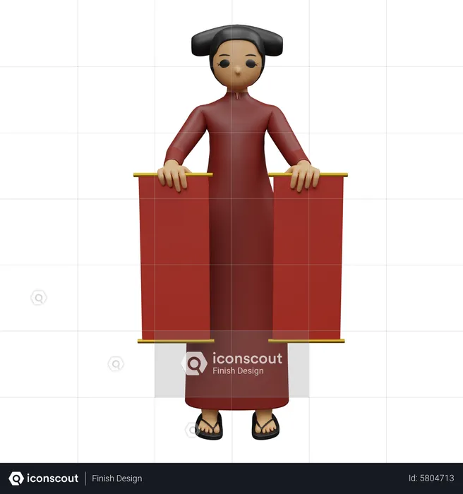 Chinese girl holding Chinese banner  3D Illustration