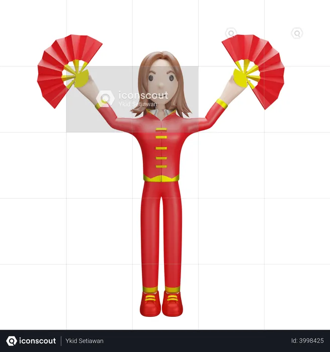 Chinese Girl holding Chinese fan  3D Illustration