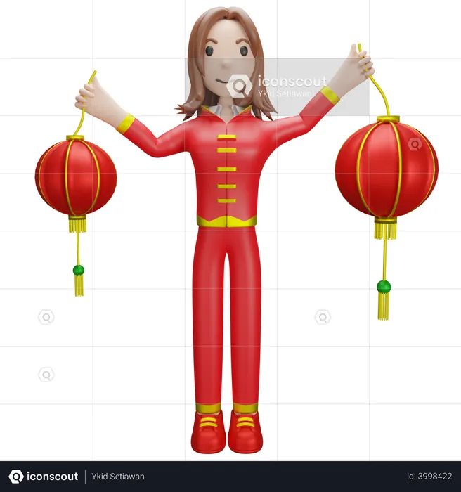 Chinese Girl holding Chinese lantern  3D Illustration