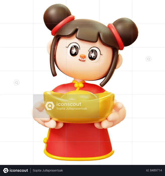 Chinese Girl Holding Gold Ingot  3D Illustration